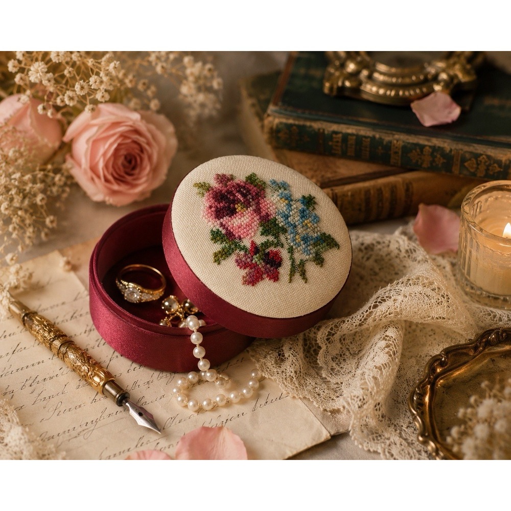 Vintage Floral Needlepoint Trinket Jewelry Box Red Satin Cottage Victorian